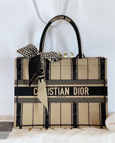 Small Dior Book Tote Black and Beige Bayadère Embroidery